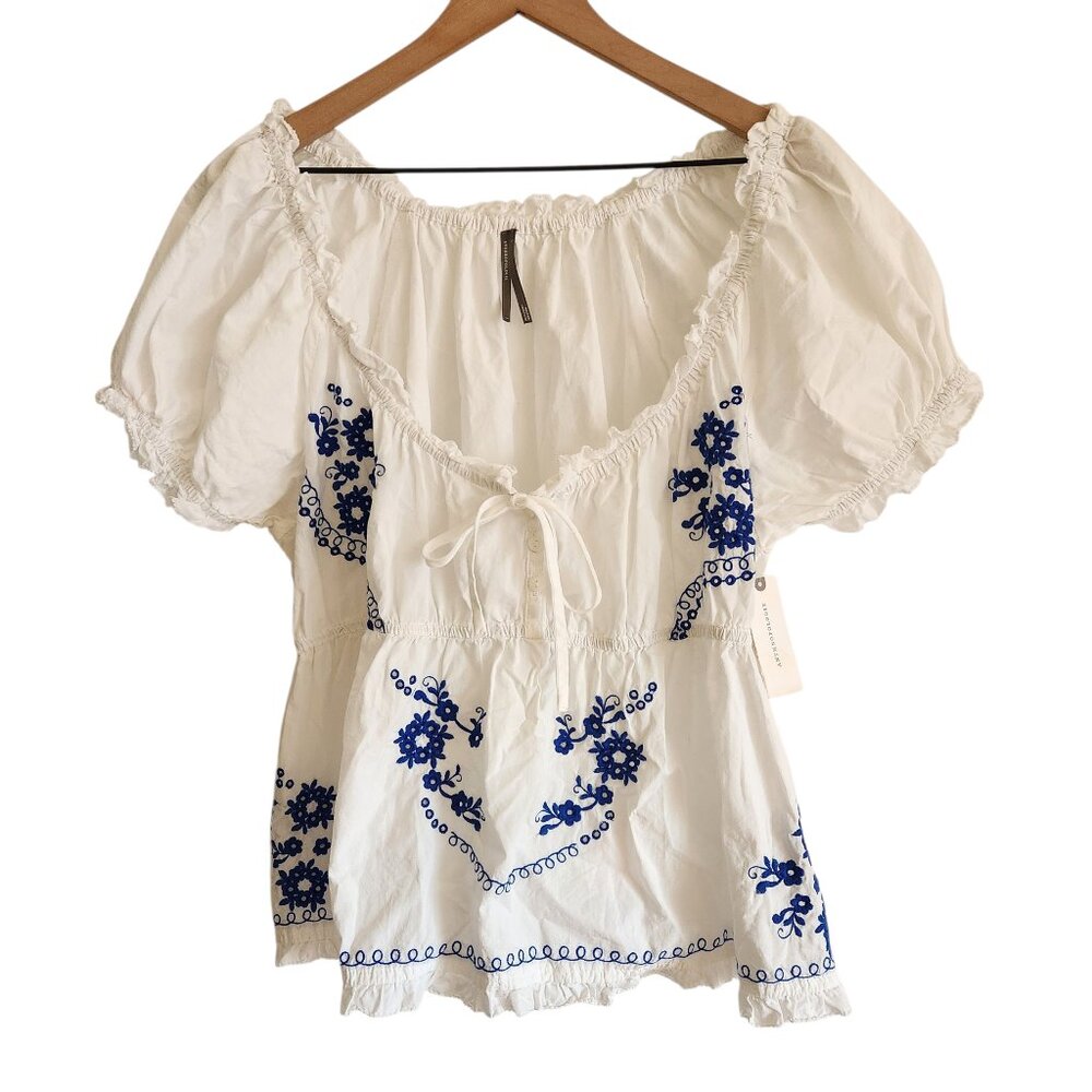 NWT Anthropologie Puff Sleeve Blue Floral Embroidered Babydoll Cottagecore Top L - Picture 4 of 10
